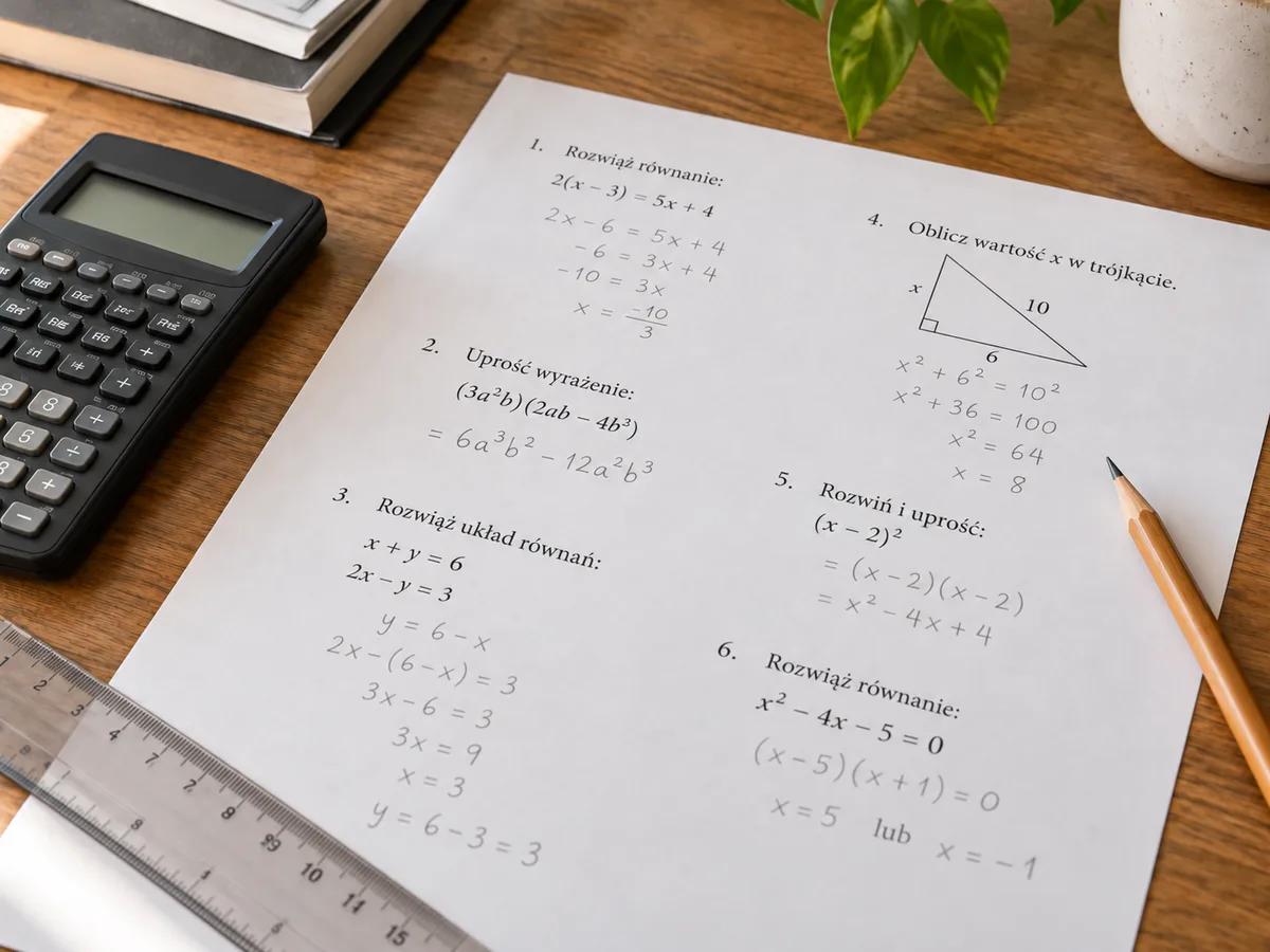 Arkusz egzaminacyjny z matematyki z notatkami ołówkiem, obok kalkulator i linijka