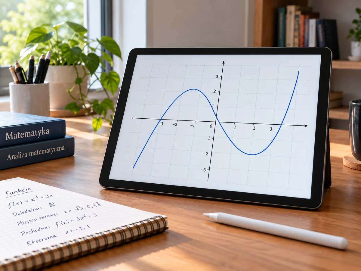 Tablet graficzny z rysikiem i narysowanym wykresem funkcji, obok laptop